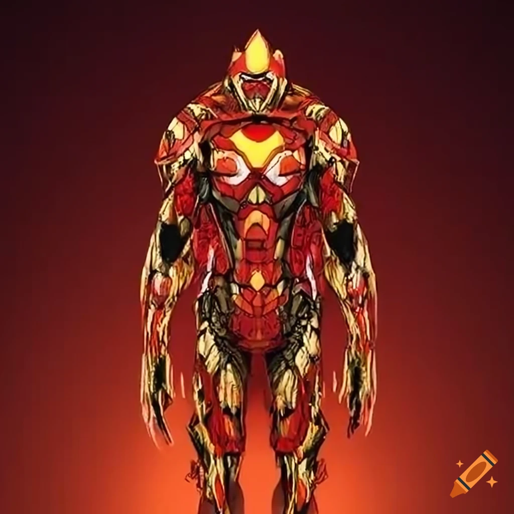 Armored superhero suit inspired by a chicken in red and yellow colors