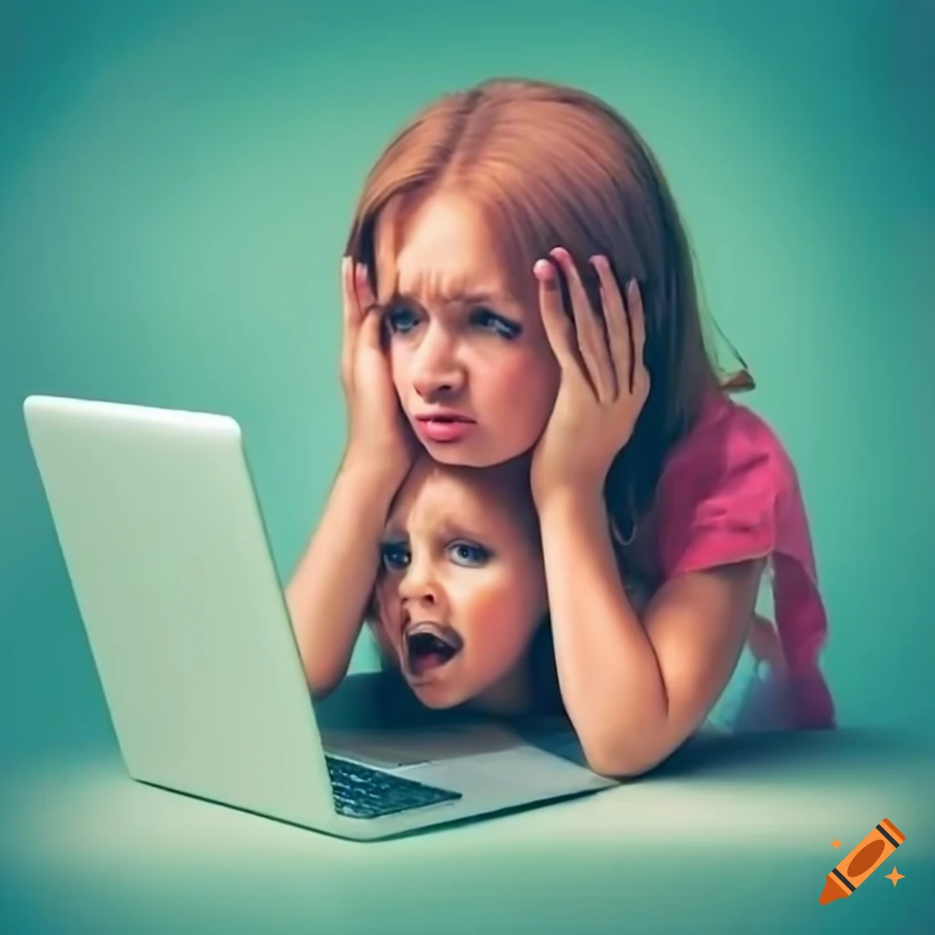 Stressed woman at computer with two children
