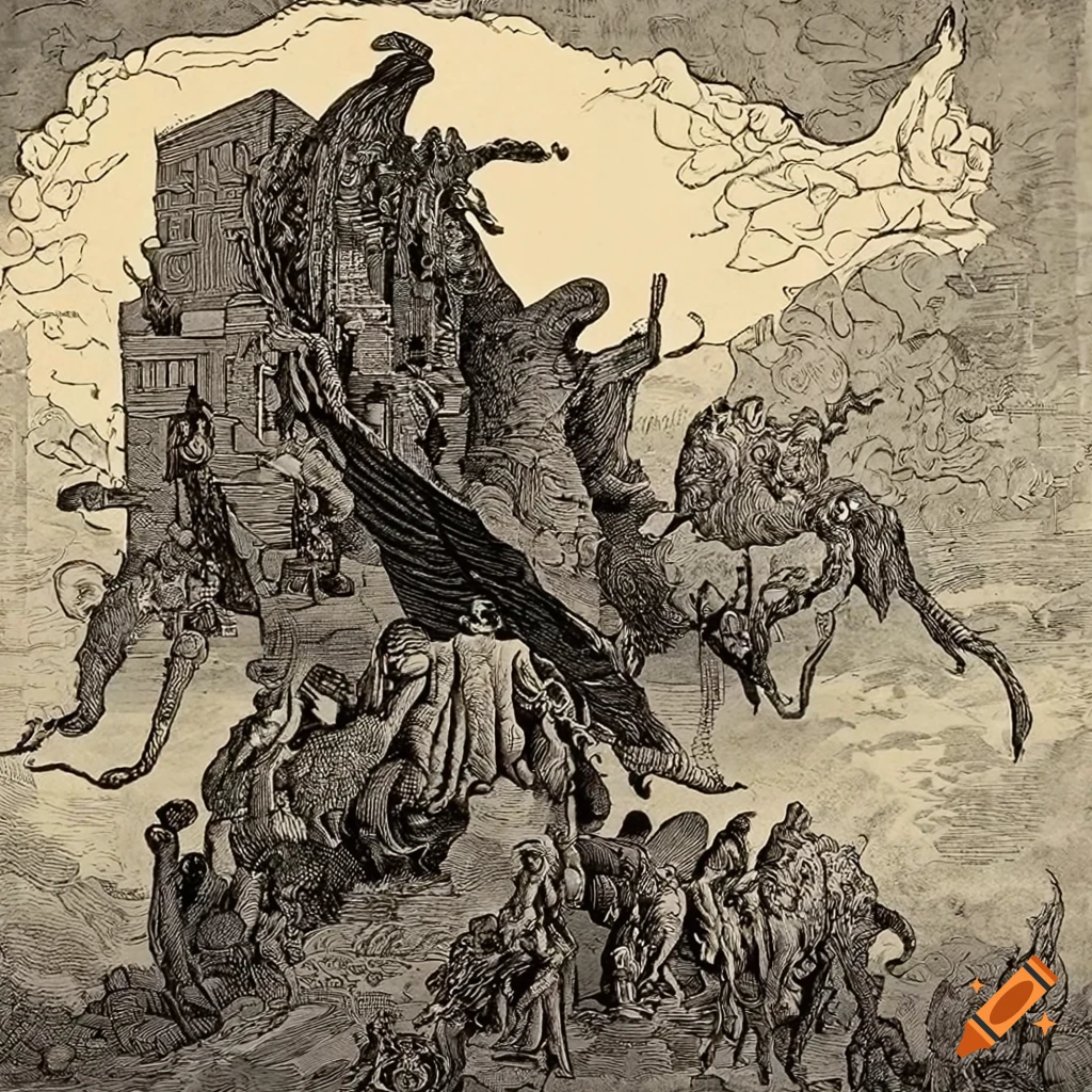 Surreal black and white art of a flying man surrounded by giant swords