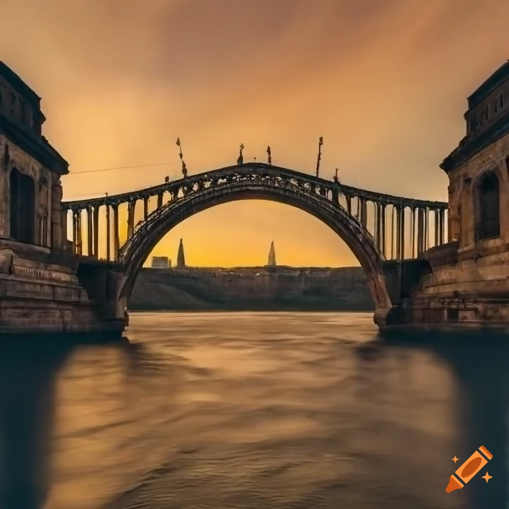 Majestic bridge connecting two landscapes with students crossing