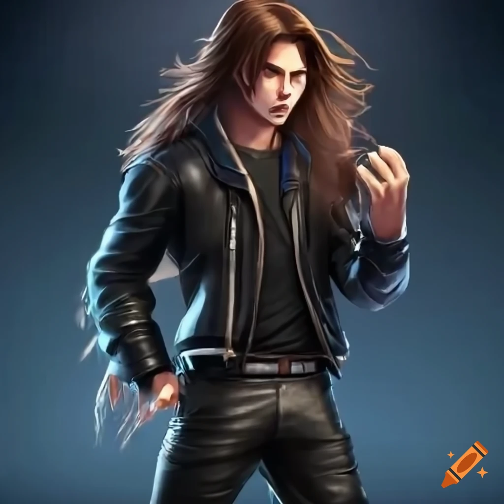 Male college student gang vice leader character with long brown hair and leather outfit