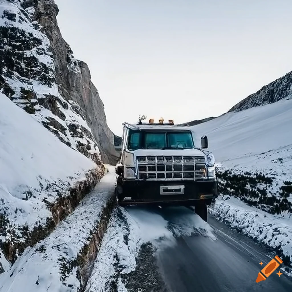 Truck on high snowy mountain road with cliff, aerial view