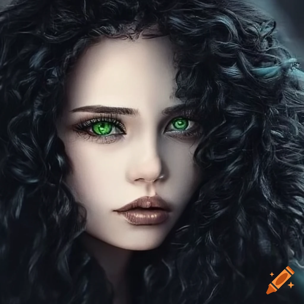 Portrait of a woman with long curly hair and green eyes on Craiyon
