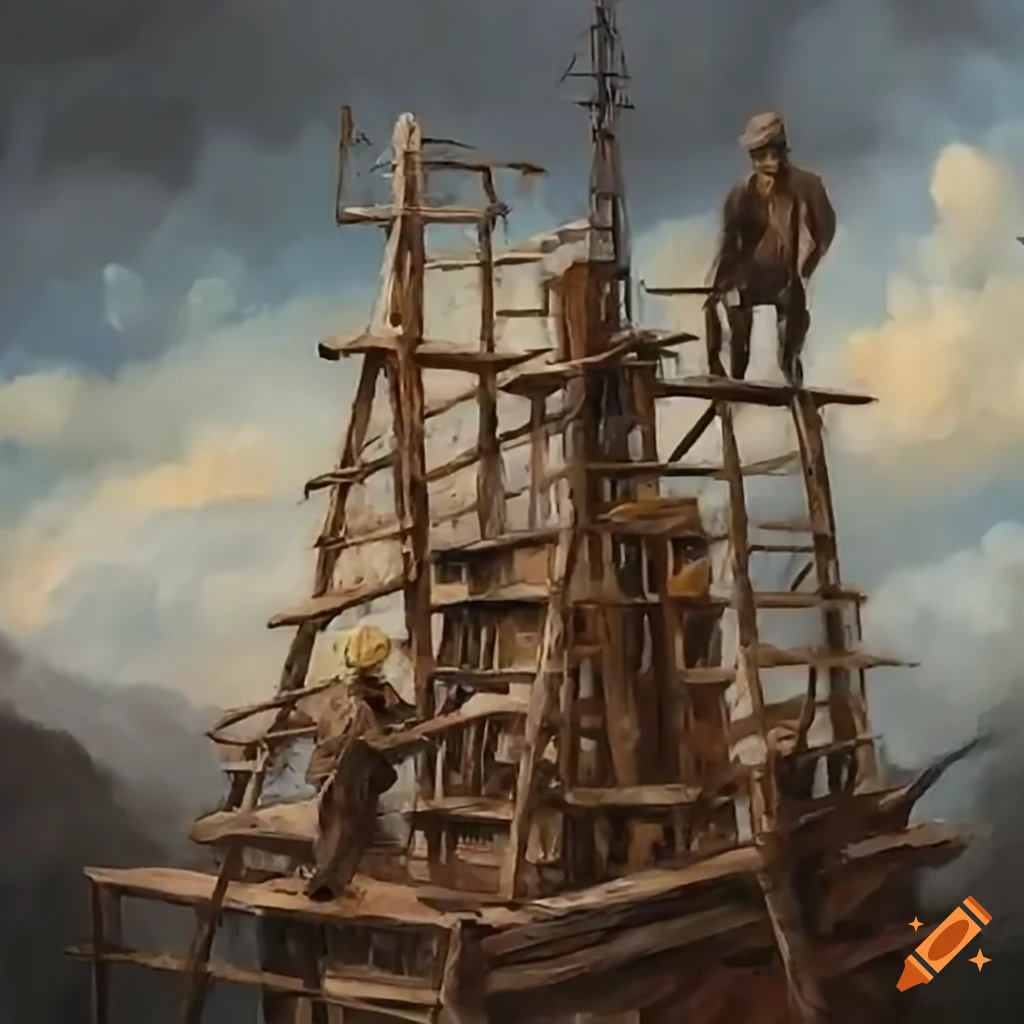 Workers building atop a tall tower in rainy weather with scaffolding