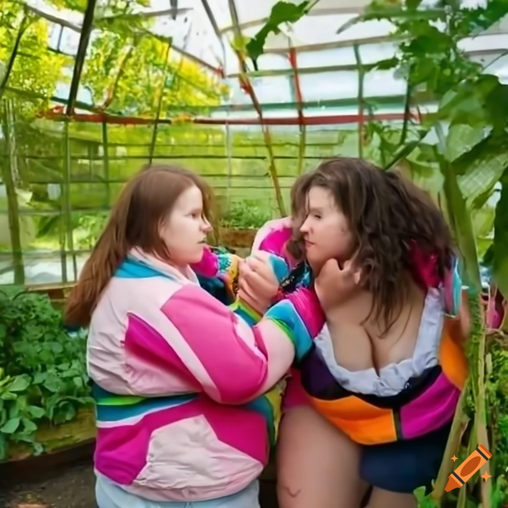 Duel between two German girls in colorful jackets barefoot in a sunny greenhouse