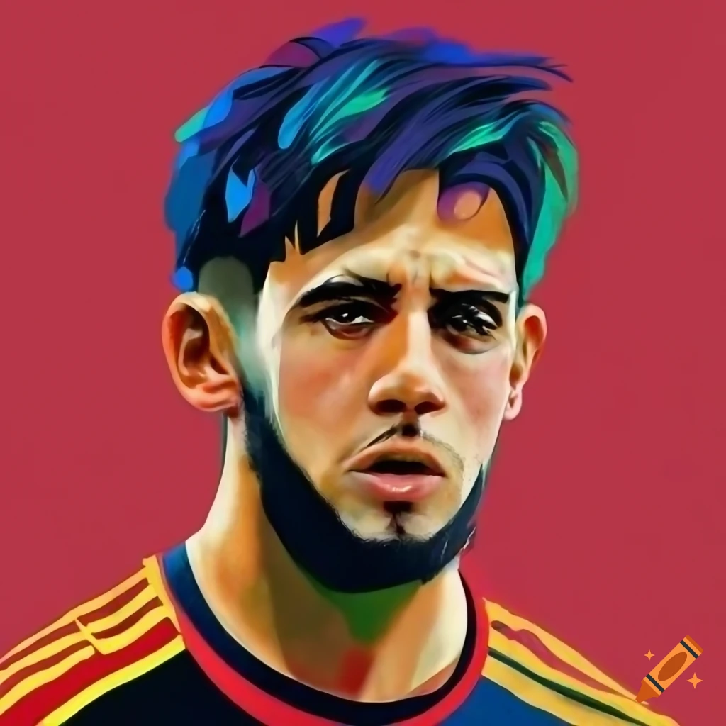 Spanish male soccer player with dark hair and beard in red and black