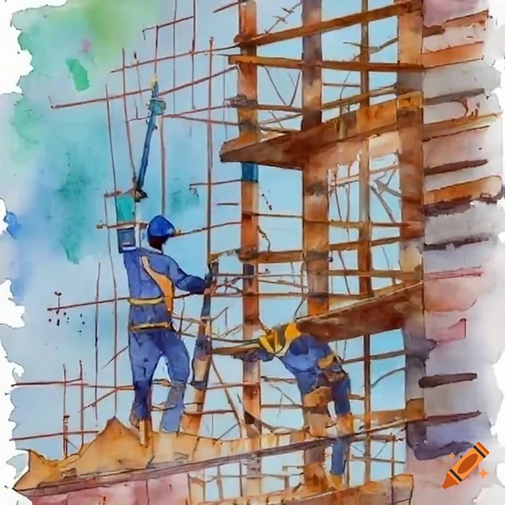 Construction crew building a towering structure in the rain with wooden scaffolding
