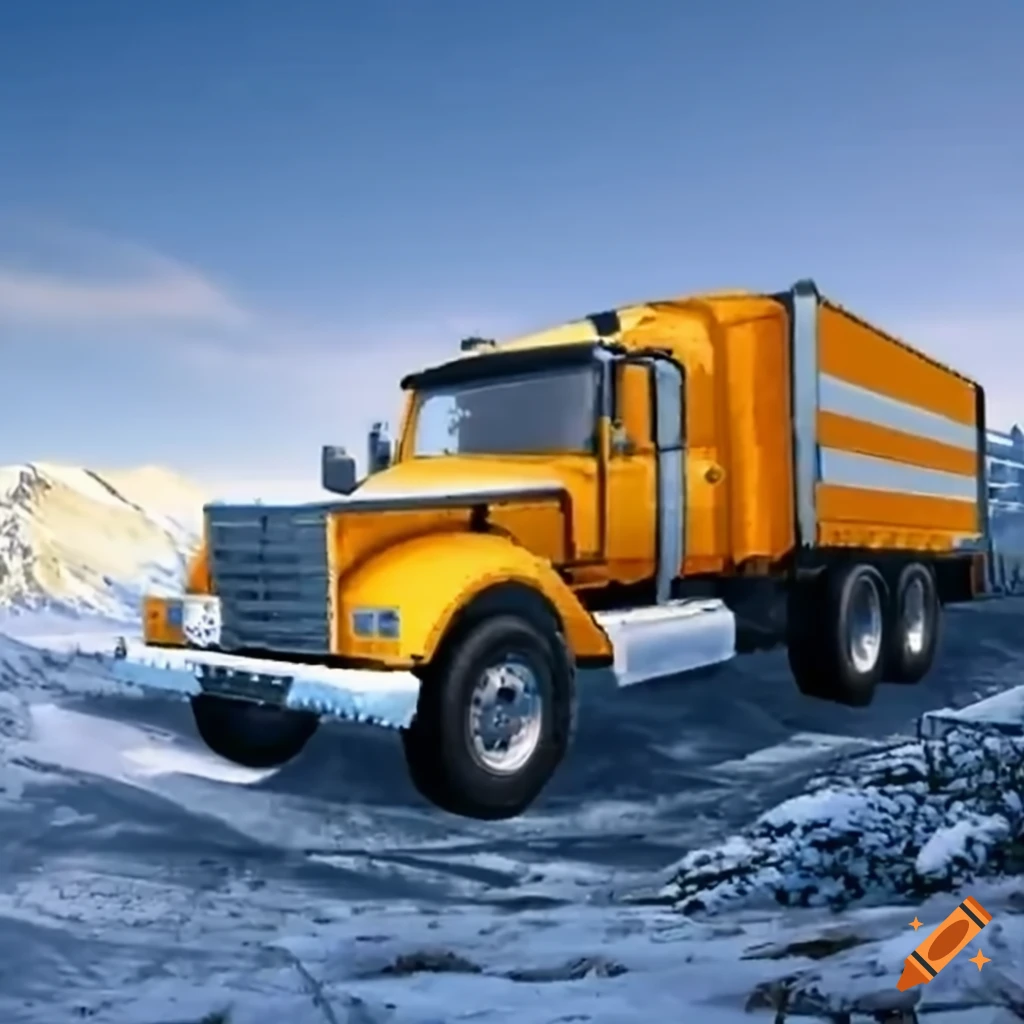 Truck on a snowy mountain road with retro graphics