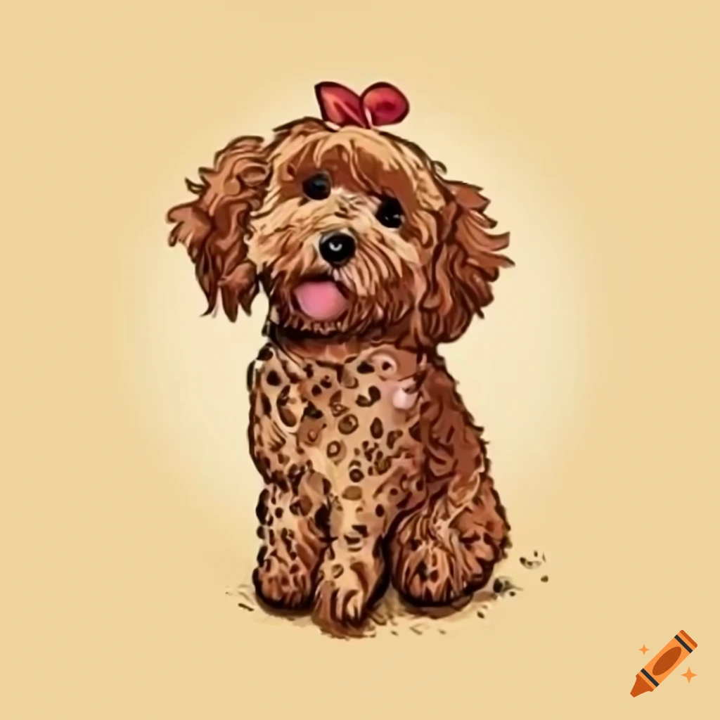 Cute Brown Maltipoo with bow playing with soccer ball in graffiti style