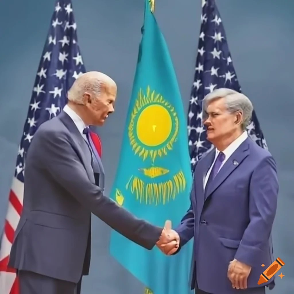 President Tokayev and President Biden shaking hands with flags in the background