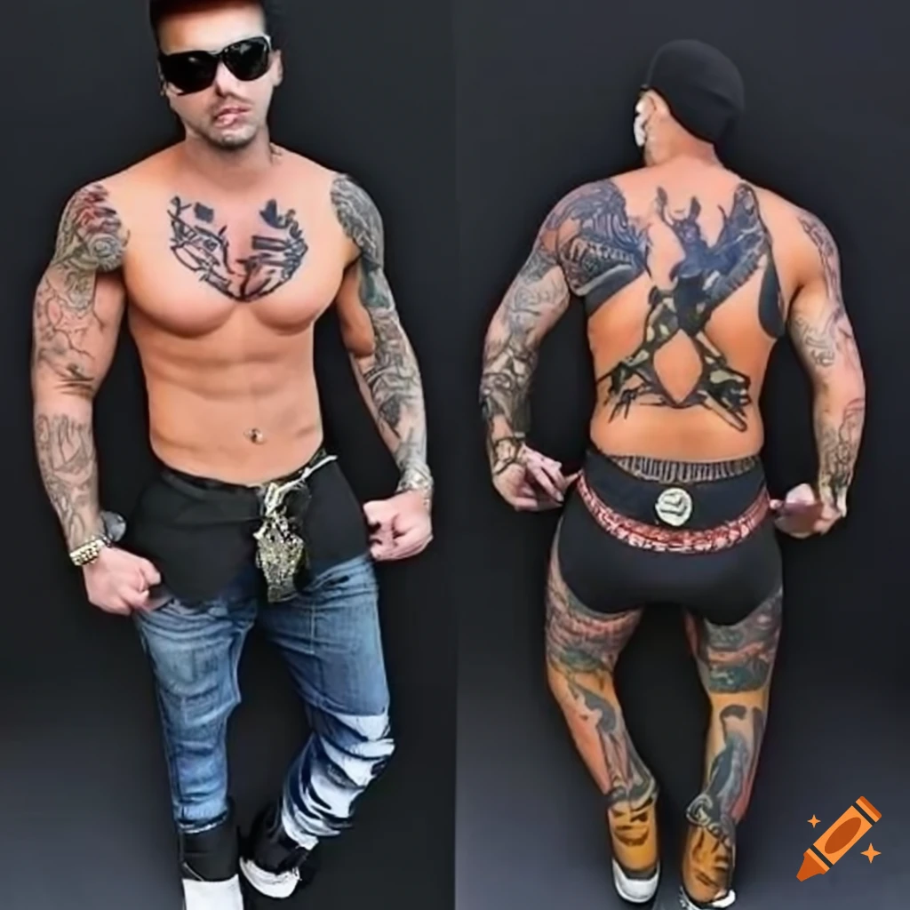 Fashion outfit for a chunky, muscular singer with tribal tattoos