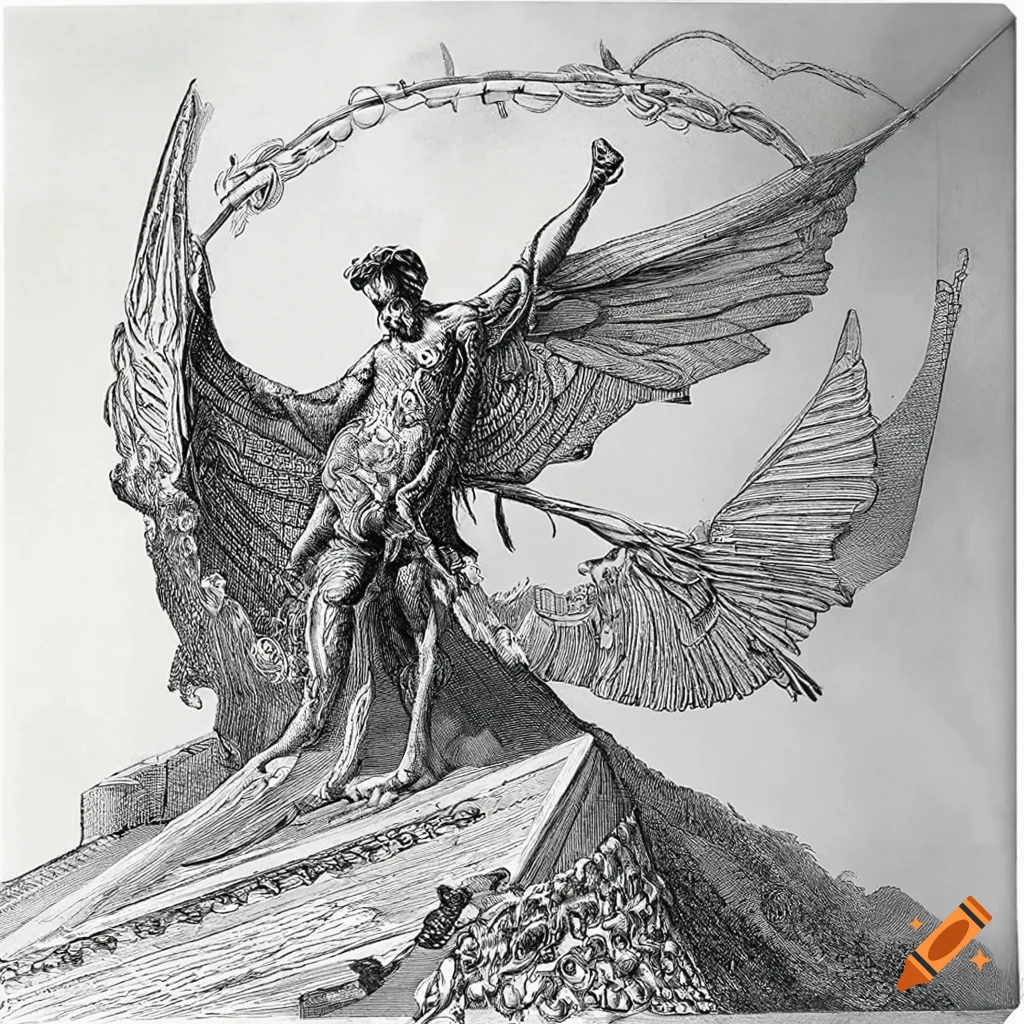 Surreal black and white art of a flying man surrounded by giant swords