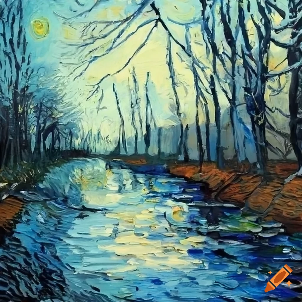 River and trees in winter painted with Van Gogh style palette knife