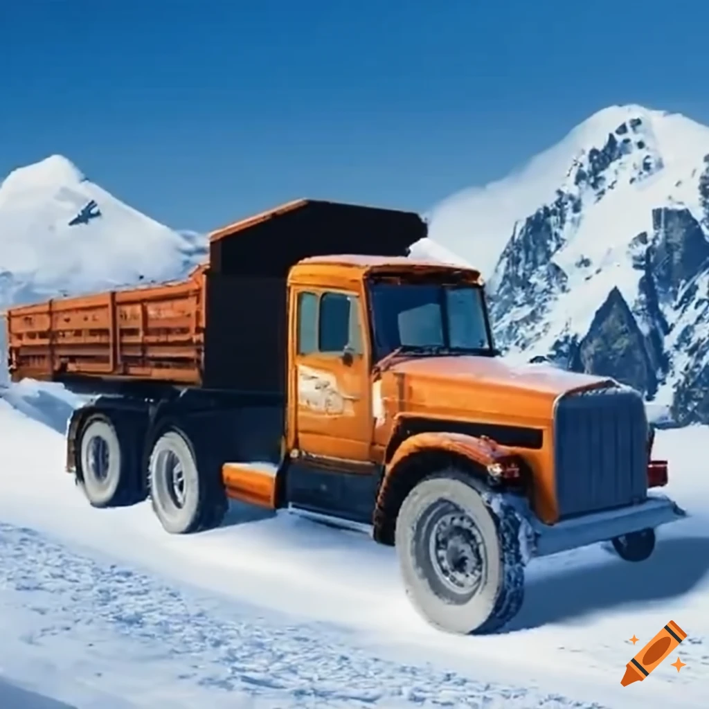 Truck on a snowy mountain road with retro graphics