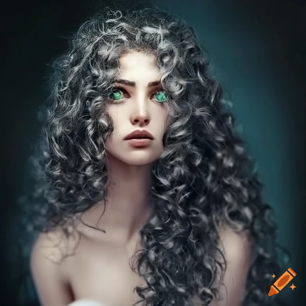 White woman with long curly black hair and green eyes on Craiyon