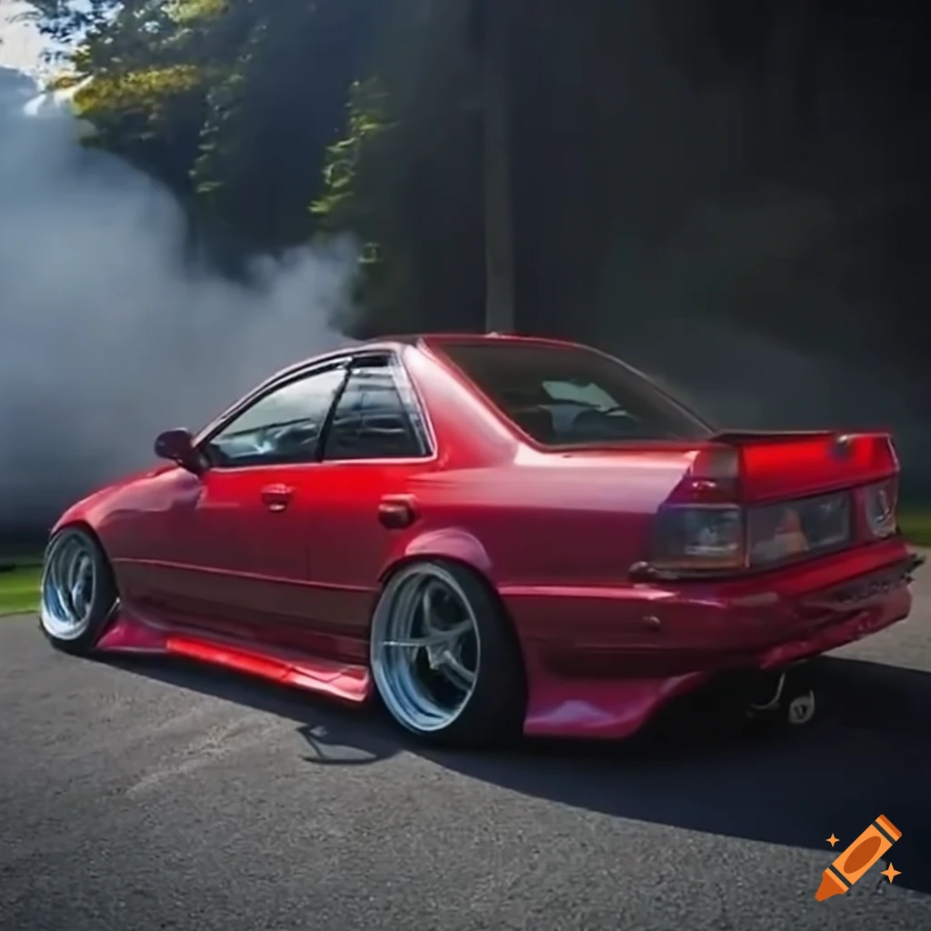 Drifting sports car with low body and custom rims