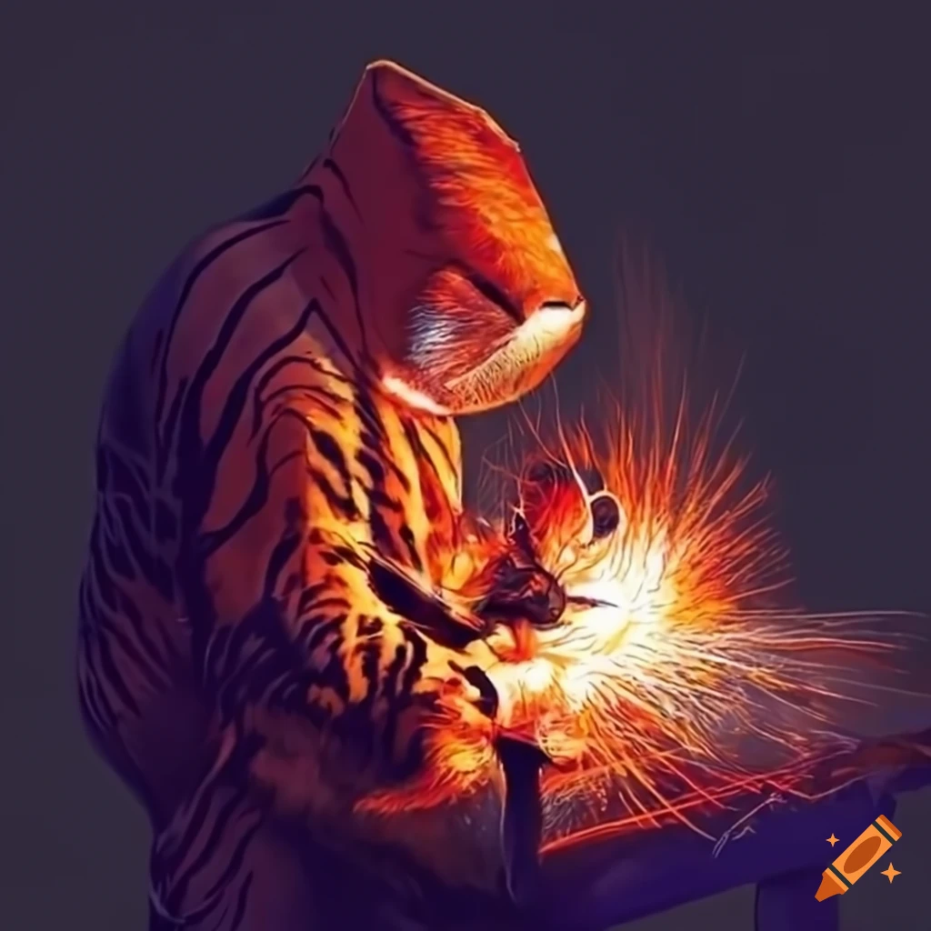 Bengal tiger welding with a welding hood on Craiyon