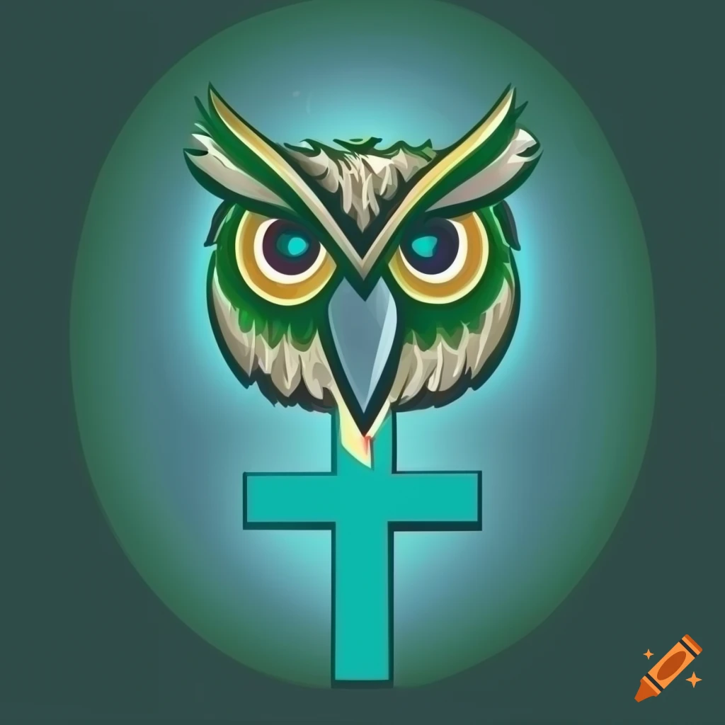 Design of a catholic church logo with owl mascot in dark green and blue