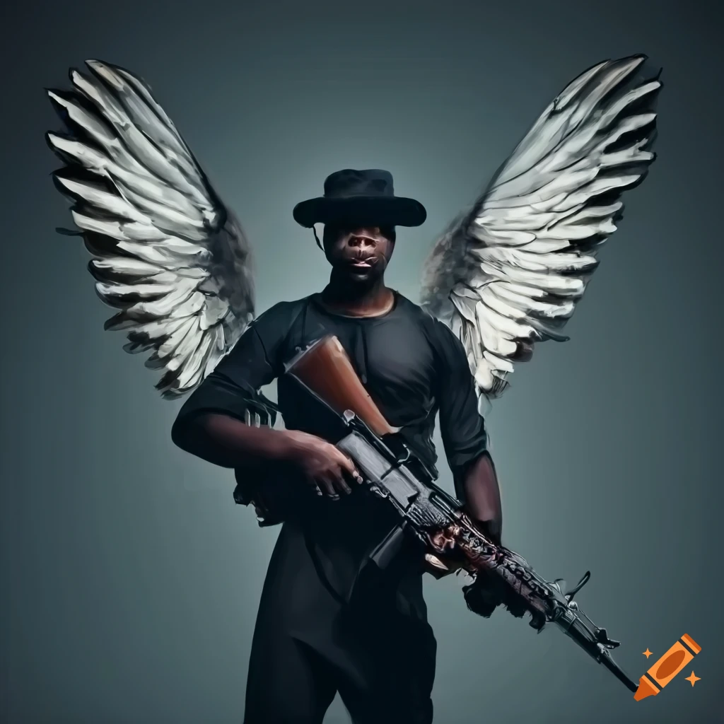 Man with wings and rifle in a modern setting