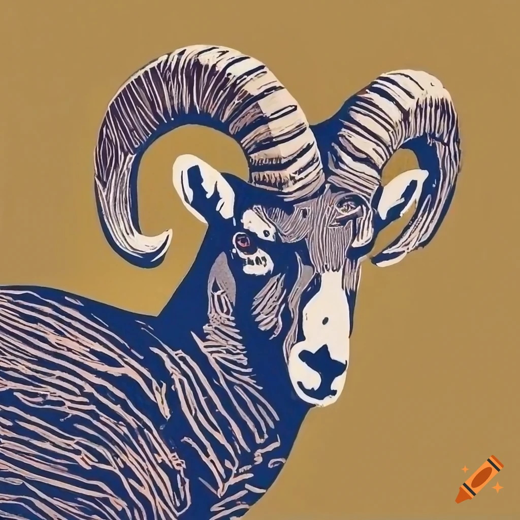 Herd of bighorn sheep grazing in a canyon in linocut style