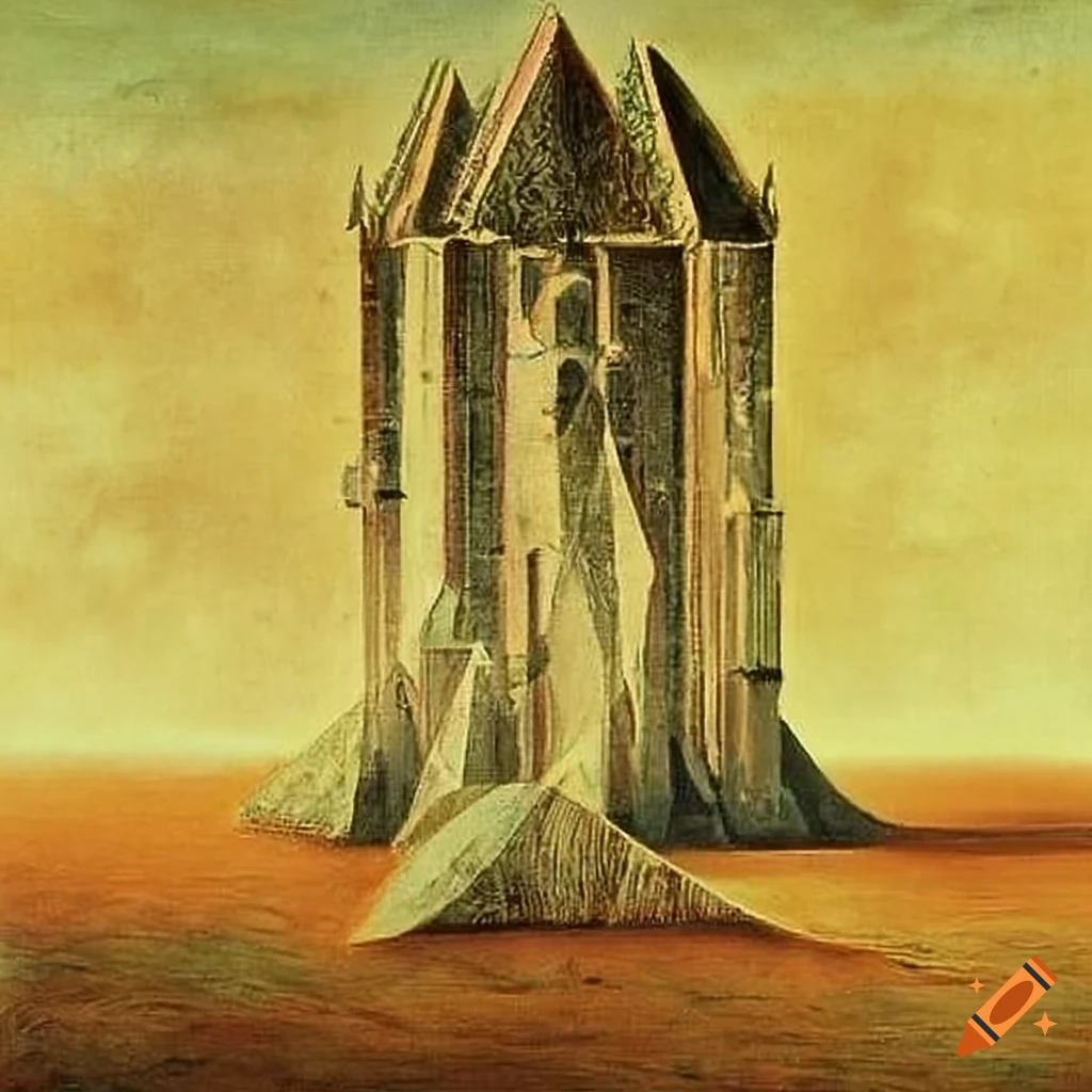 Glittering crystal citadel with tall walls on plains in surrealist painting by Max Ernst