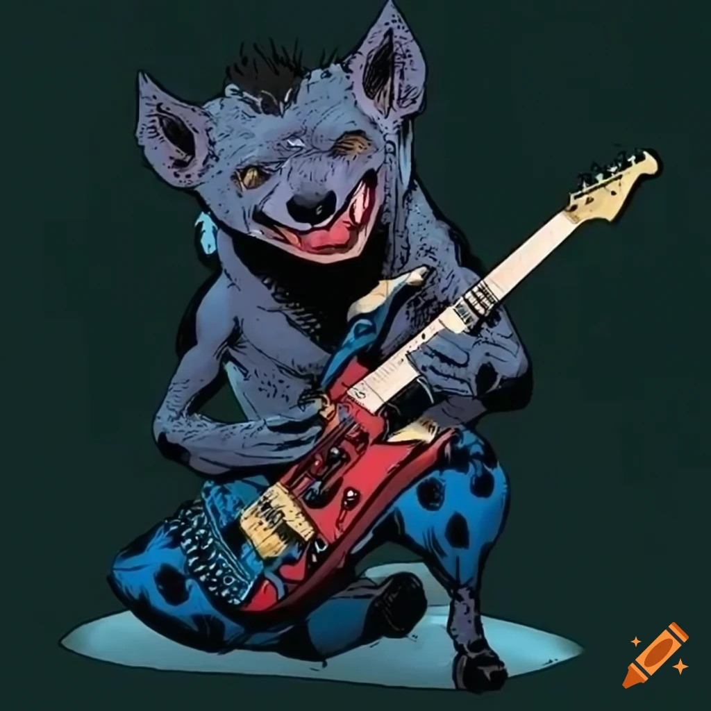 Hyena rocking out on an electric guitar in DC comic style