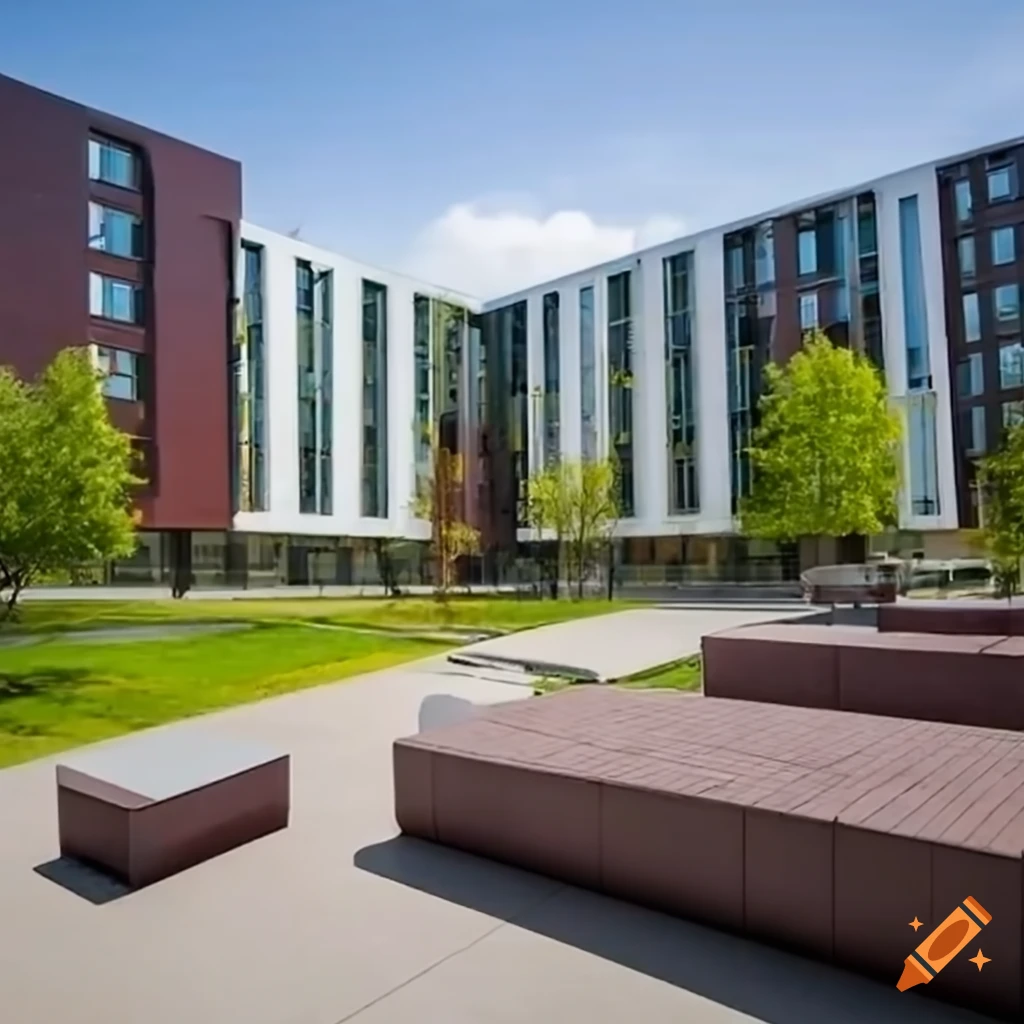 Modern university campus with student housing facilities and students ...