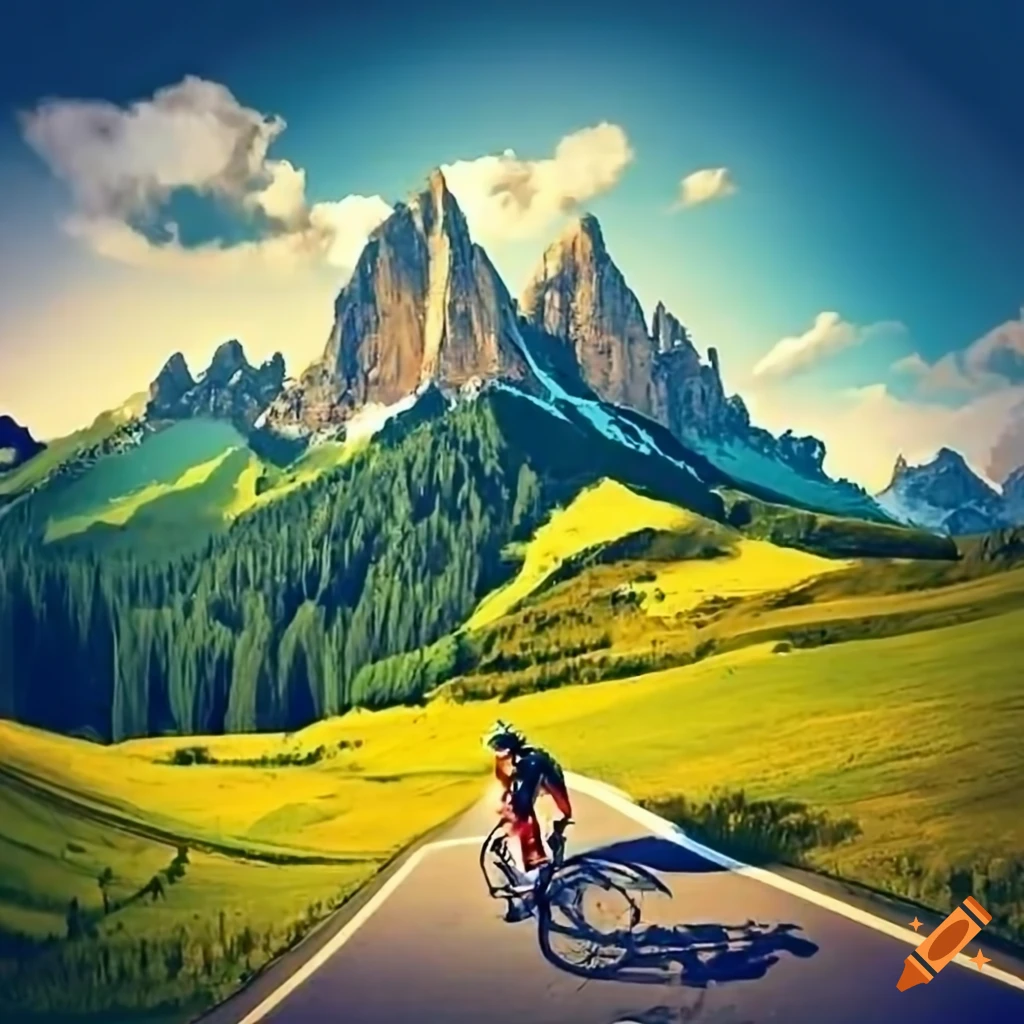 Biker riding through colorful art in the Dolomites mountains