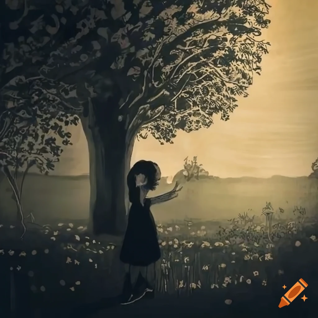 Girl walking through an orchard with thoughtful expression and apple trees