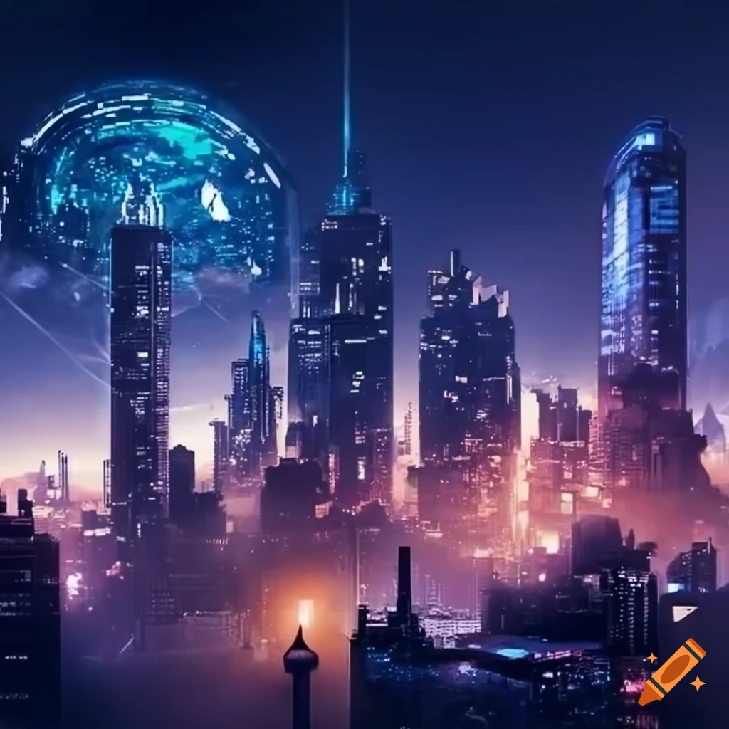 Bitcoin technology city wallpaper on Craiyon