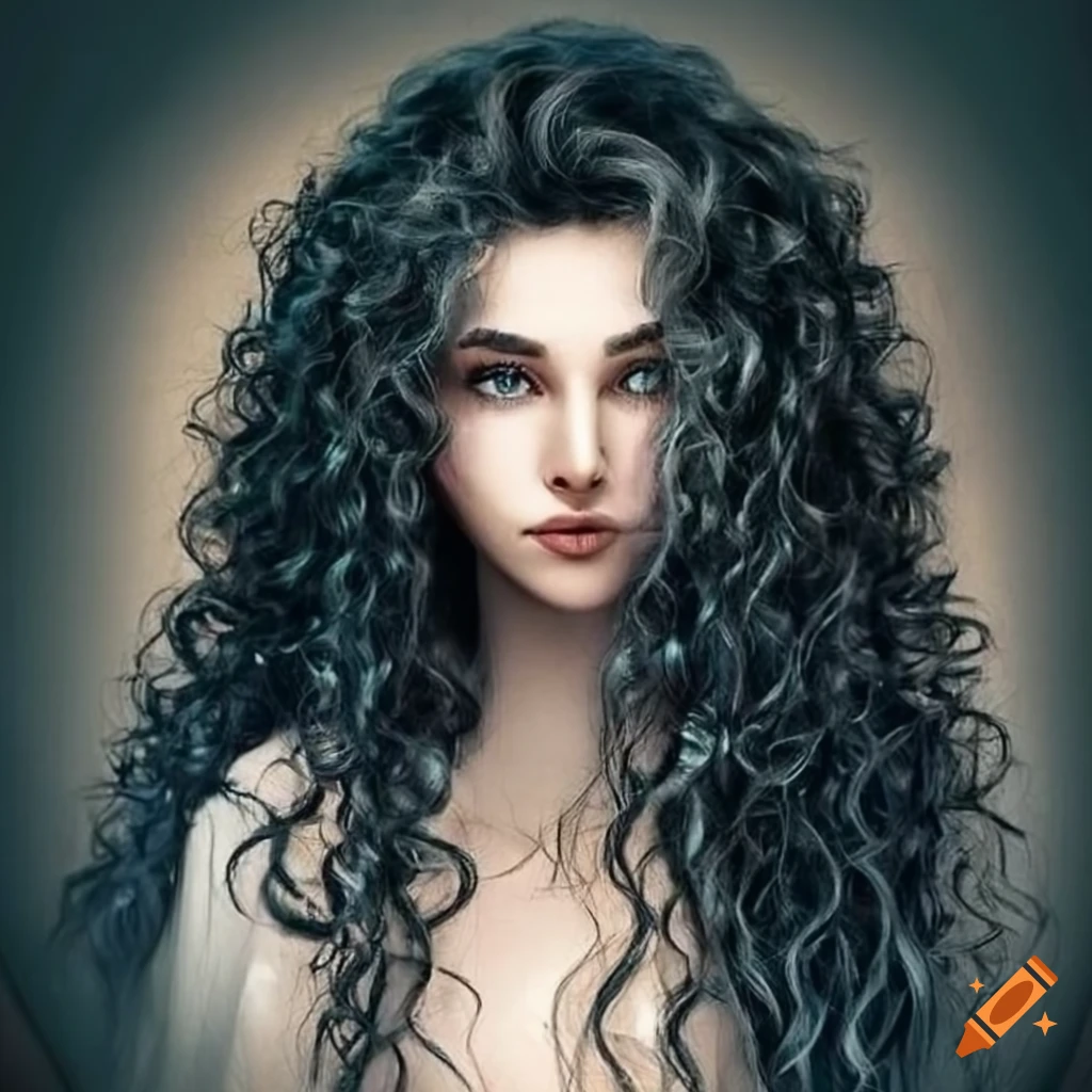 Portrait of a woman with long curly black hair and green eyes on Craiyon