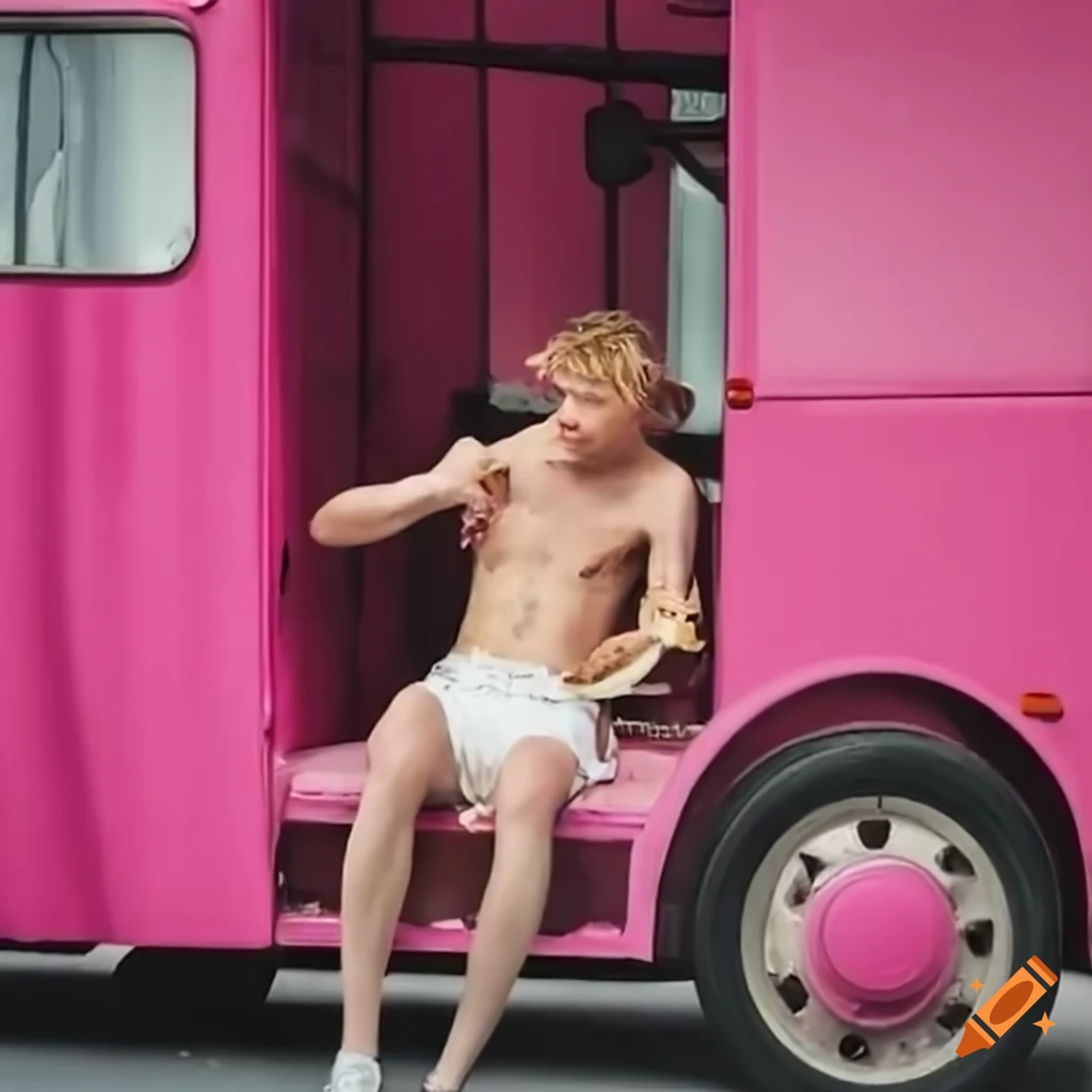 Blond man eating a falukorv in front of a pink bus