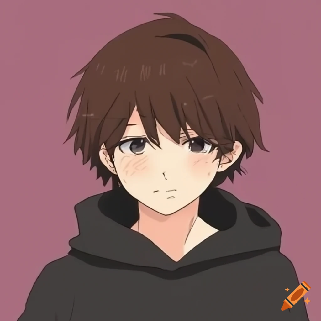 Anime character with short brown hair in a black hoodie with a calm ...