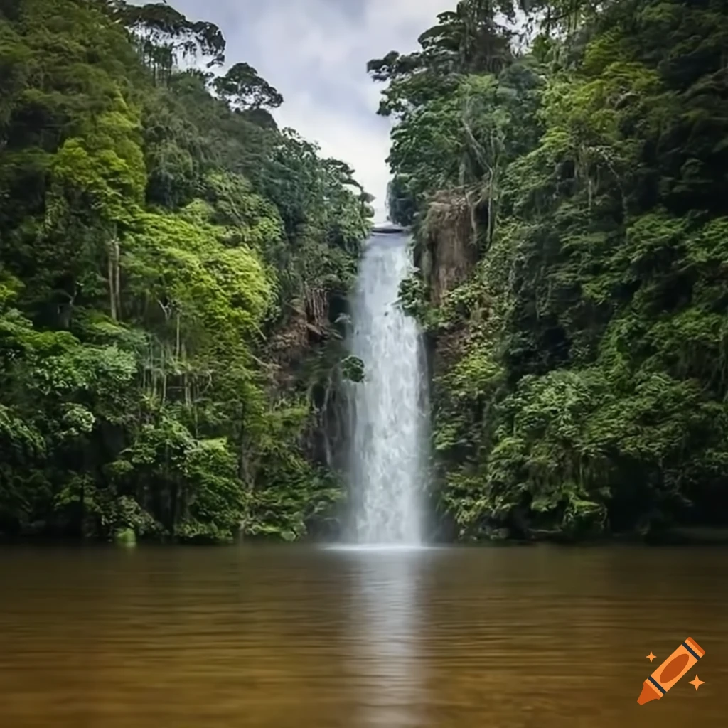 Lake in the Amazon rainforest with a 30 ft high cliff, waterfall, and sandy shore