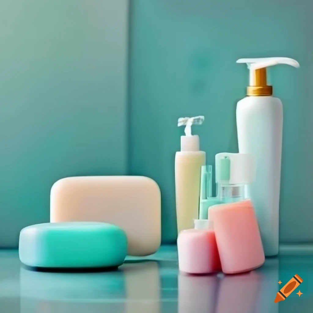 Toiletries including toothbrush, shampoo, and soap on bathroom counter