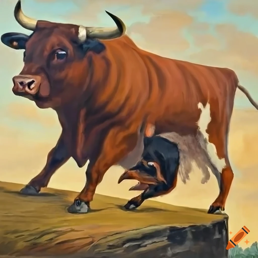 Detailed painting of bulls fighting on a ledge with a farm dog watching