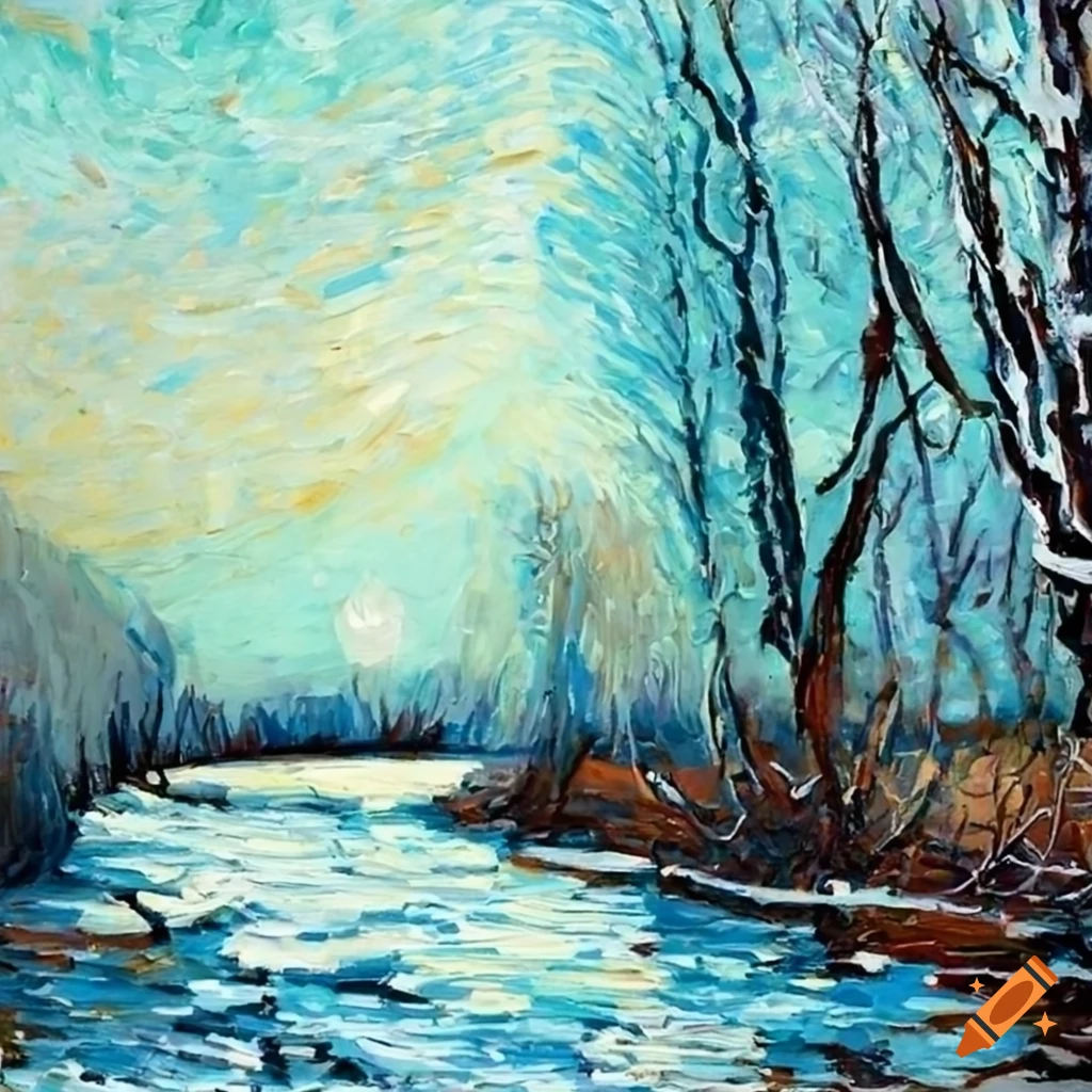 River and trees in winter painted with Van Gogh style palette knife