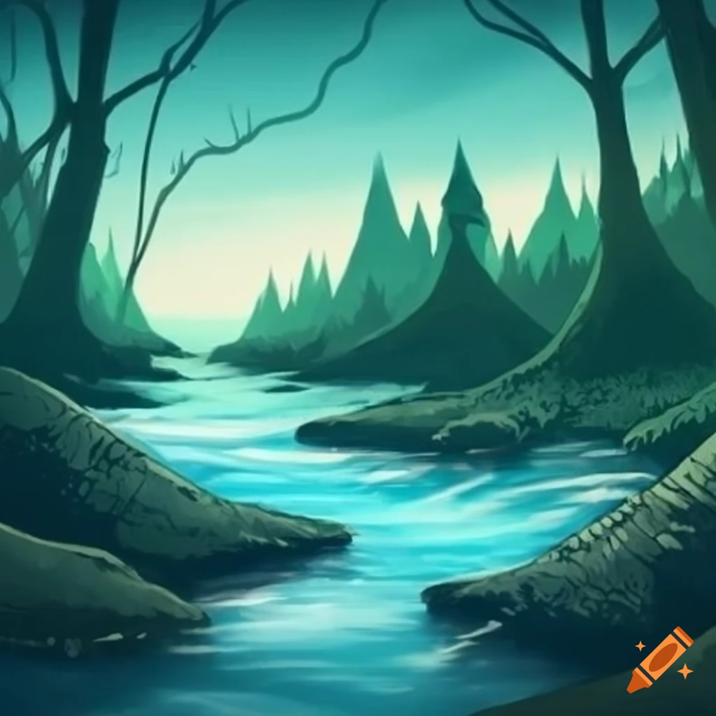 Fantasy art of a beautiful landscape with a forest and river on Craiyon