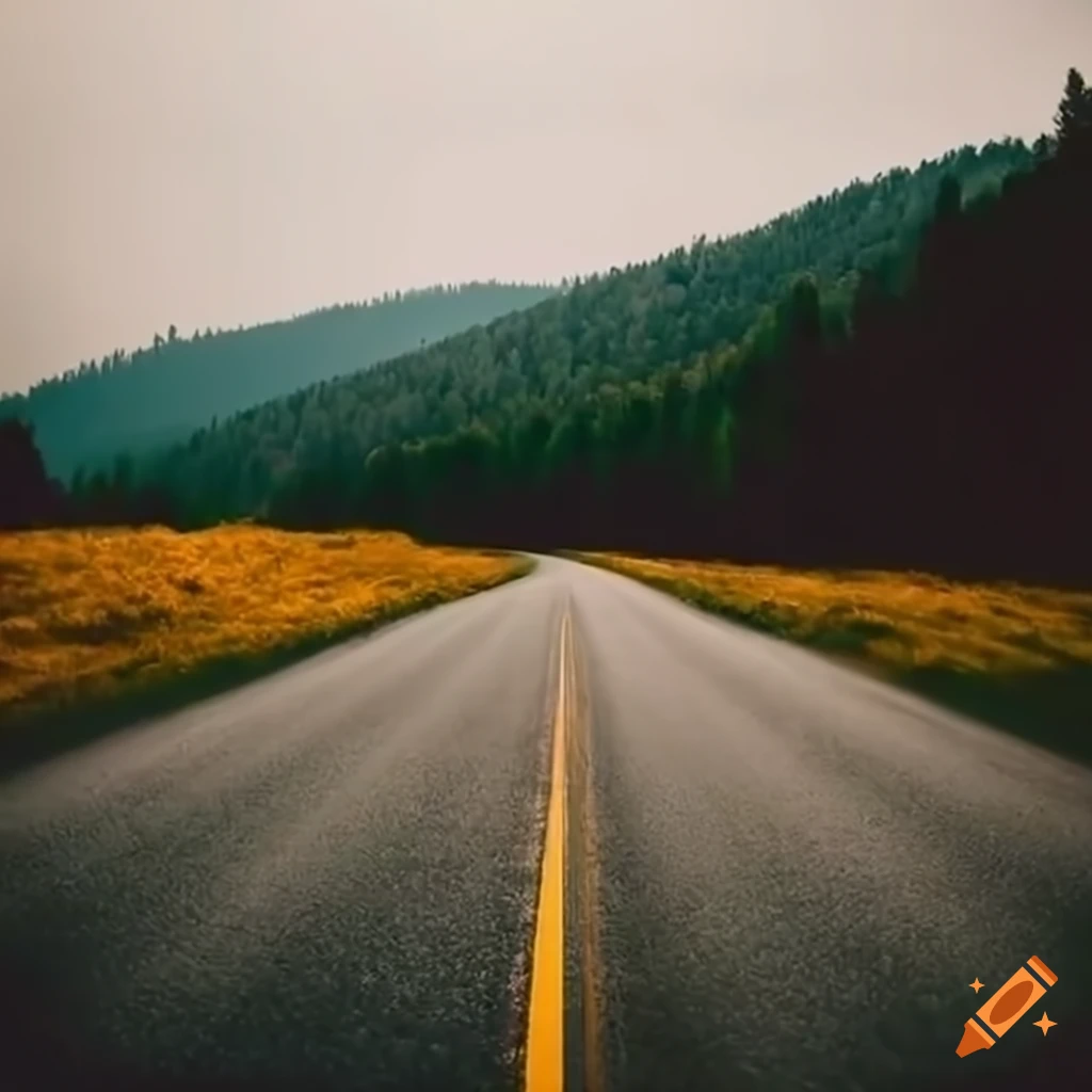 Vintage car cruising on a serene country road from an aerial view