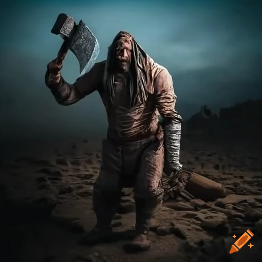 Axe-wielding 10-foot-tall giant in a wasteland