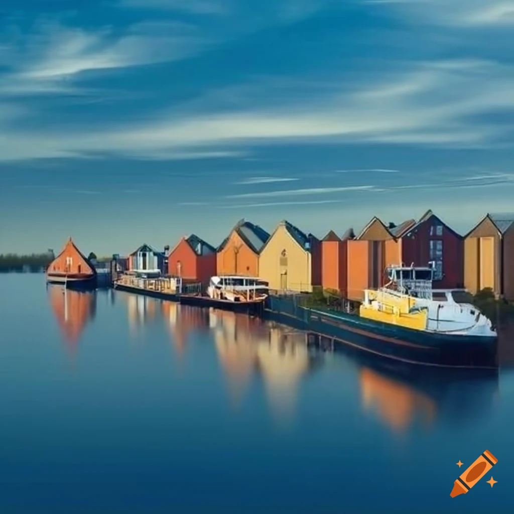 Inland waterway harbor with warehouses and a vessel