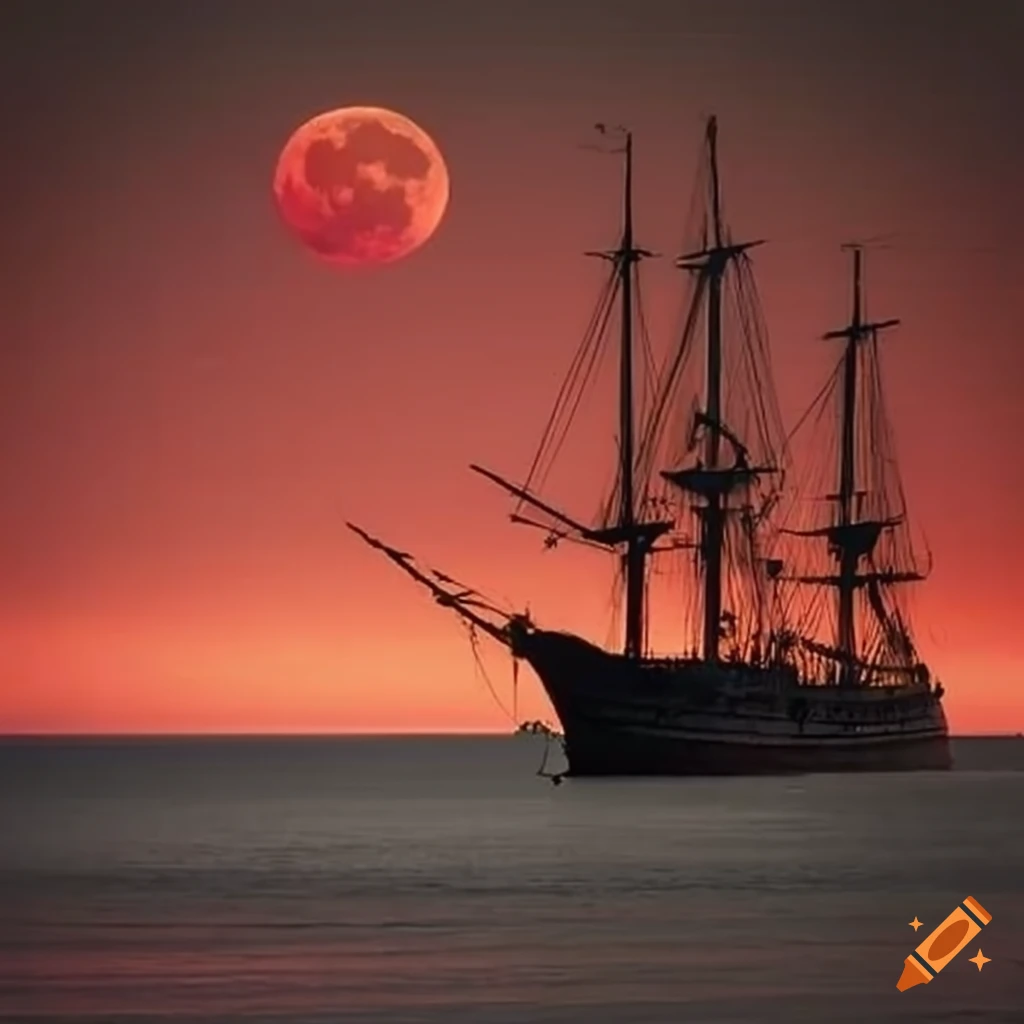 Burning old ship in the sea with a red moon in the sky