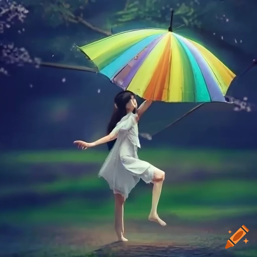 Young woman dancing in the rain with a colorful umbrella in nature