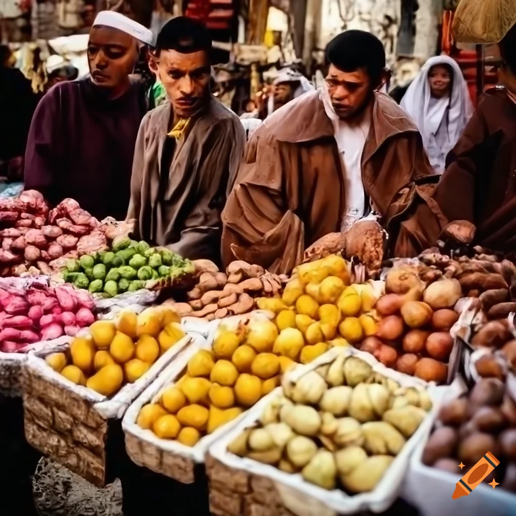 Farmers' market with fruits, nuts, and pastries on a cobblestone street
