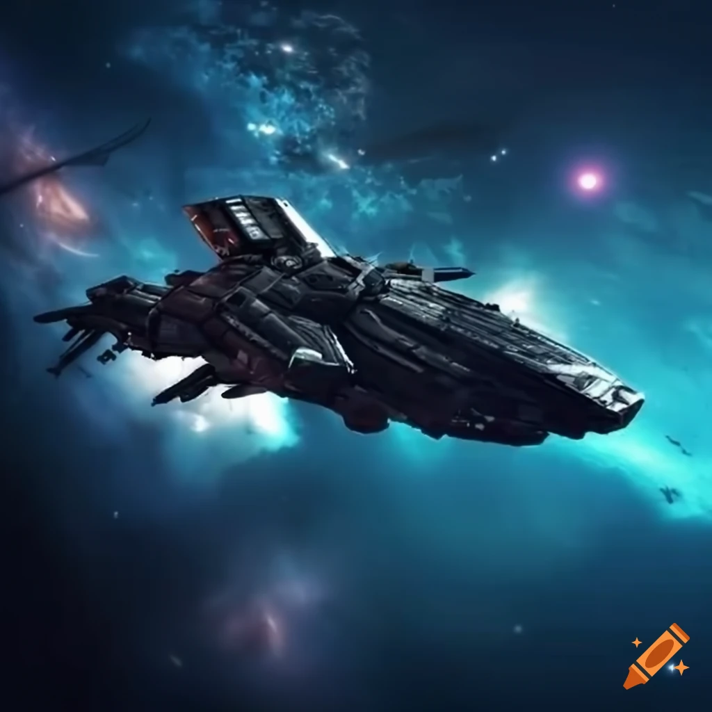Futuristic spaceship flying in deep space with escort fighters and a fleet of different spaceships