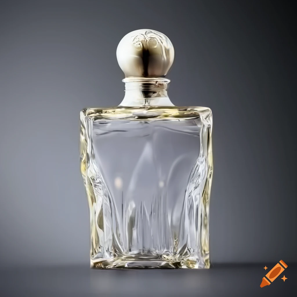 Glass perfume bottle with opulent metal cap on transparent background