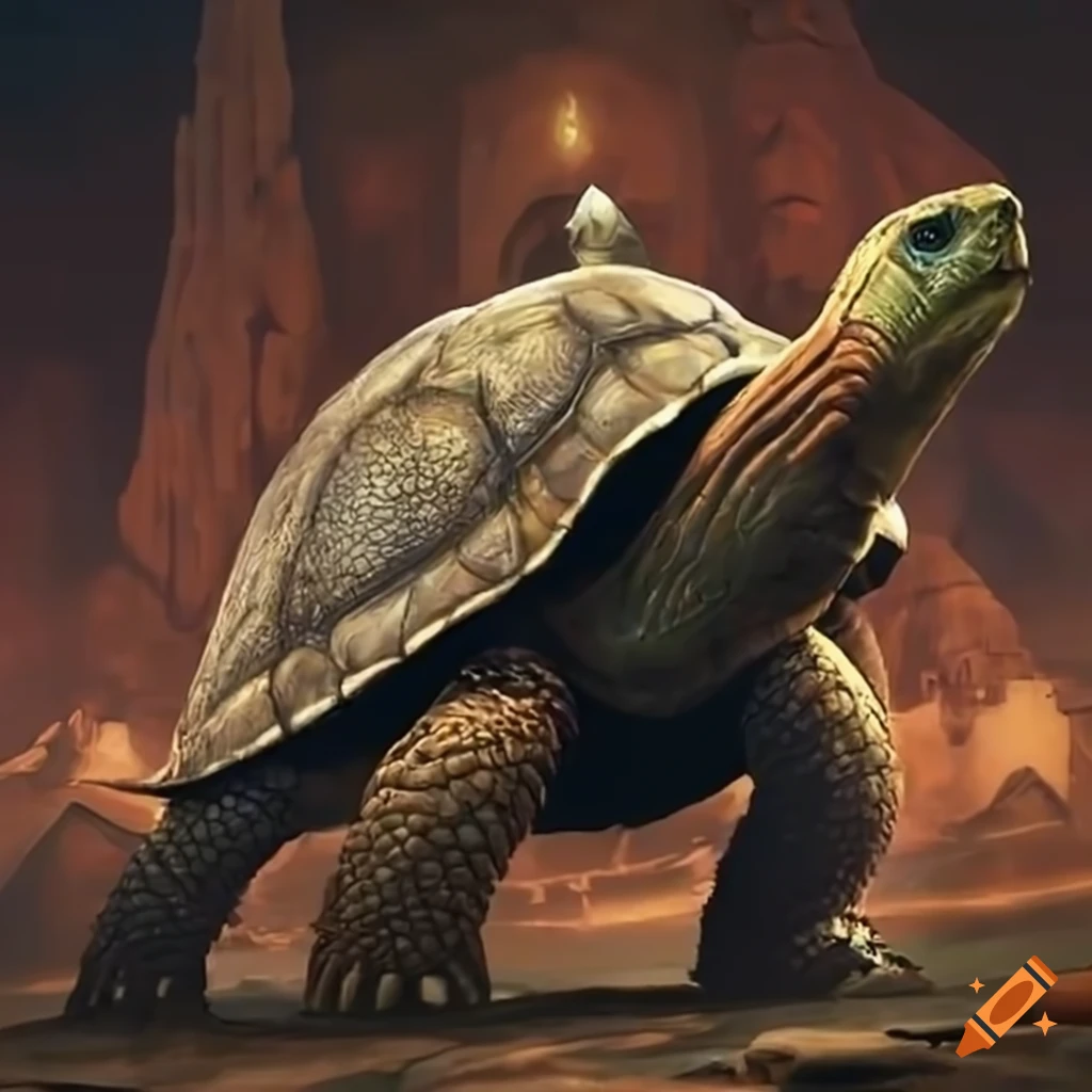Giant turtle in battle armor in an epic scene