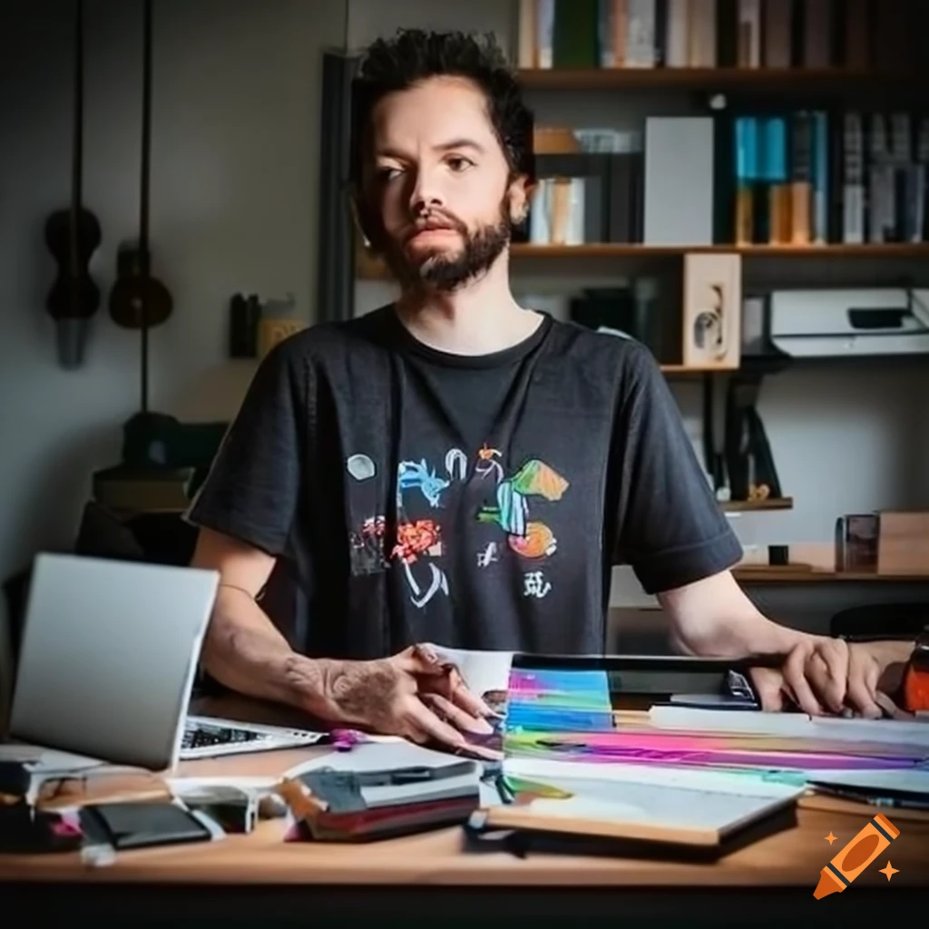 Introspective graphic designer in cluttered workspace