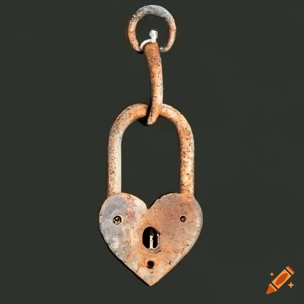 Rusted heart-shaped key dangling in front of a black crow