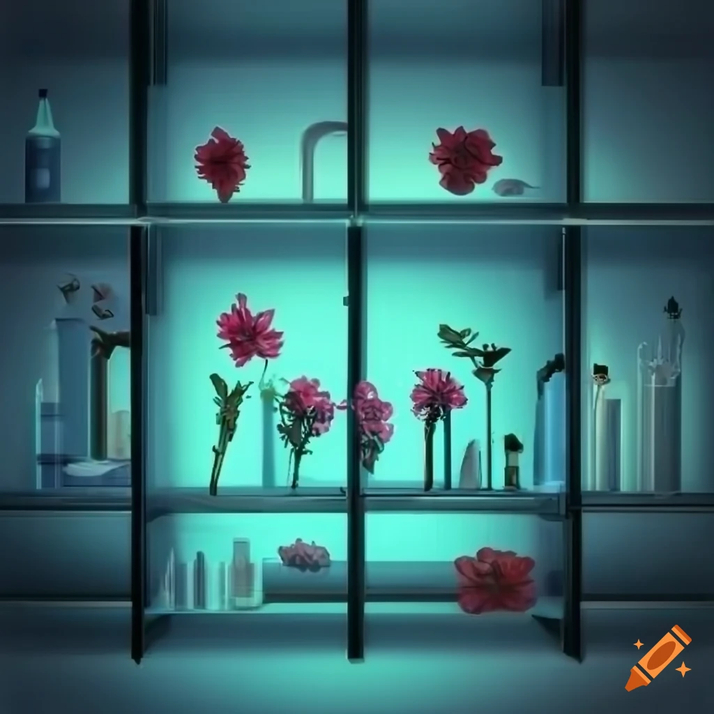 Shelves with fading flowers in a laboratory setting